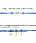 Instruction steps for 500 Pack Insulated Butt Connectors Awg 14 To 16 Solder Seal Sleeve Heat Shrink Electrical Wire Terminals.