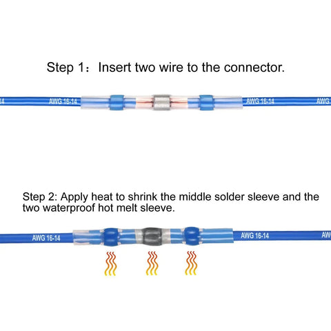 Instruction steps for 500 Pack Insulated Butt Connectors Awg 14 To 16 Solder Seal Sleeve Heat Shrink Electrical Wire Terminals.
