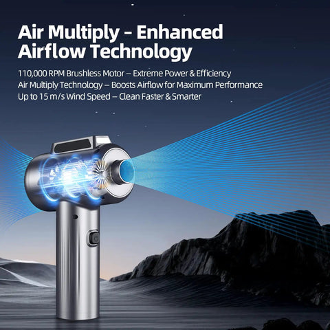 Image of Ultra Powerful Cordless Air Duster With LED Light And 110000 RPM showing air multiply technology with graphic overlay.