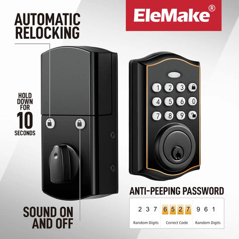 Close-up view of Electronic Keypad Deadbolt With Keyless Entry, Heavy Duty Auto Lock Door Lock Set, Oil Rubbed Bronze Handle display.
