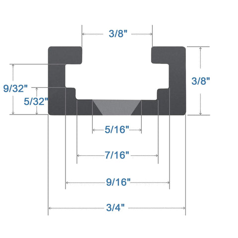 Dimensions of the Rock Solid 48 Inch Aluminum T Track For Woodworking Two Pack showing sizes and grooves.