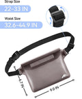 Black waterproof fanny pack with adjustable strap, showing dimensions 9.0x6.7 inches. Waterproof Fanny Pack And Dry Bag Set For Phone Passport And Wallets