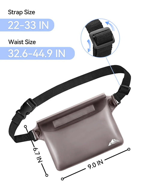 Black waterproof fanny pack with adjustable strap, showing dimensions 9.0x6.7 inches. Waterproof Fanny Pack And Dry Bag Set For Phone Passport And Wallets