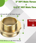 Brass Fire Hydrant Hose Adapter 2-1/2 In NST Male To 2 In NPT Male, Heavy-Duty, Leak-Resistant Octagonal Connector For Hoses, Hydrants, Standpipes And Industrial Water Systems; brass male threads shown