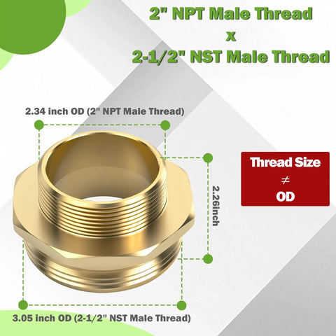 Brass Fire Hydrant Hose Adapter 2-1/2 In NST Male To 2 In NPT Male, Heavy-Duty, Leak-Resistant Octagonal Connector For Hoses, Hydrants, Standpipes And Industrial Water Systems; brass male threads shown