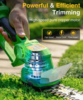 Close-up of 20V 2 In 1 Cordless Hedge Trimmer And Grass Shears With Rotating Handle showing green body and SK5 blade in action.