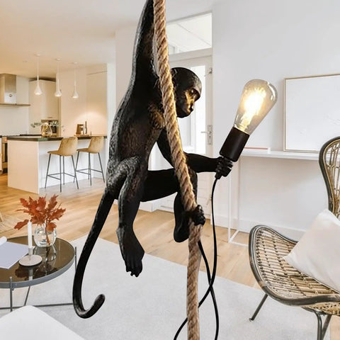 Dope Monkey Pendant Light With Hemp Rope Industrial Edison Retro Chandelier For Indoor Decor featuring resin monkey.