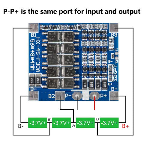 Bad Boy 4S 12.8V LiFePO4 BMS Circuit Board with wiring diagram for input and output ports, 30A continuous, 56A peak.