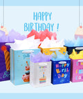 Eight Pack Birthday Gift Bags With Ribbon Handles And Tissue Paper, Assorted Sizes Including Extra Large, Large And Medium