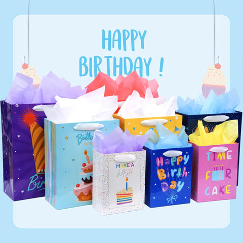 Eight Pack Birthday Gift Bags With Ribbon Handles And Tissue Paper, Assorted Sizes Including Extra Large, Large And Medium