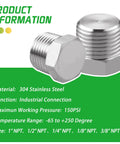 Outer Hex Head Pipe Plug Fitting 3 By 8 NPT Male Stainless Steel 304 Pack Of 4 with industrial connection details
