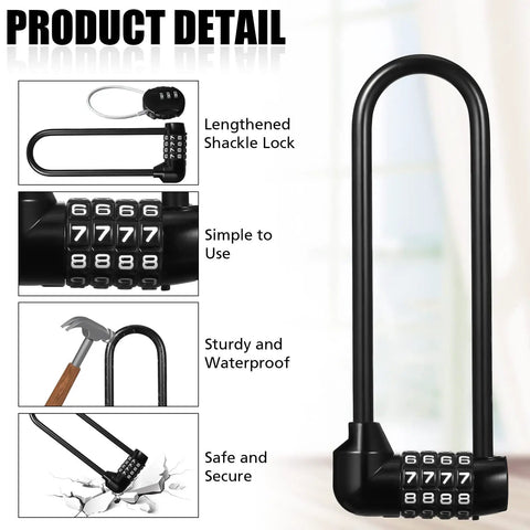 Set Of Six Six Inch Long Shackle Combination Padlocks With Resettable Four Digit Codes, beefy outdoor locks displayed in detail