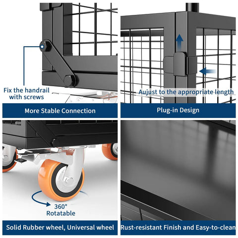 Heavy Duty Folding Utility Cart And Cage Platform Truck With 1800 Lb Capacity showcasing stable handrail connection and 360° swivel wheels.