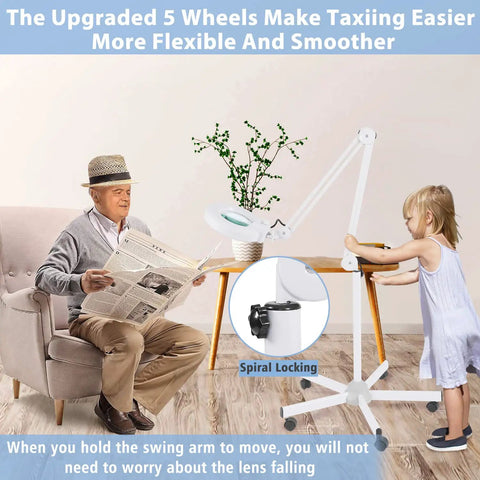 Child and senior viewer using Magnifying Floor Lamp With Rolling Base And Five Wheels Lens 2200 Lumens LED Dimmable Light