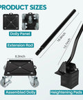 Upgrade To Pro Level Moving With FaHkns Large Furniture Dolly parts showing sizes of dolly panel, extension rod, and heightening pads.