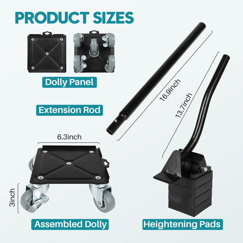 Upgrade To Pro Level Moving With FaHkns Large Furniture Dolly parts showing sizes of dolly panel, extension rod, and heightening pads.