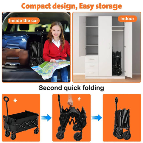 Collapsible Wagon Cart 220lbs Capacity Foldable Beach Wagon Lightweight Portable Utility Cart stored in car and closet.
