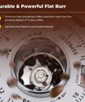 Close-up of Straight Up Pro Level Electric Coffee Grinder With Industrial Flat Steel Burrs grinding coffee beans.