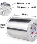 Heavy Duty Aluminum Foil Tape For HVAC Sealing And Patching High Temperature Silver Duct Tape For Air Ducts Insulation And Metal Repair 6 Inch By 55 Yards, roll view with release paper and thickness details.