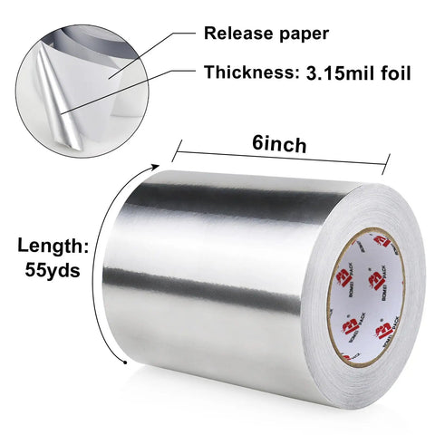 Heavy Duty Aluminum Foil Tape For HVAC Sealing And Patching High Temperature Silver Duct Tape For Air Ducts Insulation And Metal Repair 6 Inch By 55 Yards, roll view with release paper and thickness details.