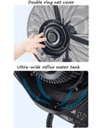 Keep Your Workspace Breezy All Day Long With This Super Quiet Standing Mist Fan delivering heavy duty powerful three speed cooling airflow for patios or commercial rooms, showing net cover and water tank.