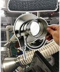 Slick Portable Soldering Fume Hood With Rock Solid Hose Clamps And Six Feet Of Flexible Nylon Tubing showing stainless steel round hood and hoses.