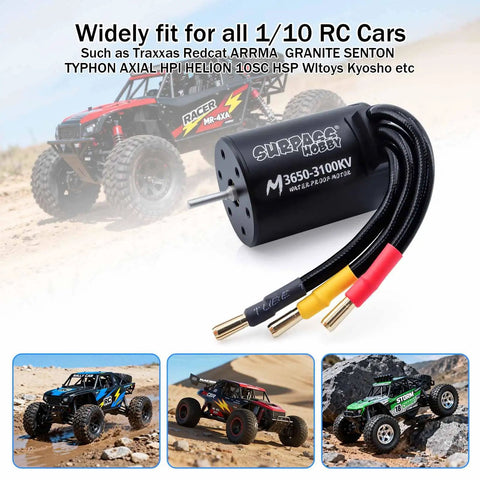 M3650 3100KV Brushless RC Motor With 3.175mm Shaft Waterproof And Beefy High Speed Aluminum CNC Heat Sink Built For One Tenth RC Cars Trucks Off Road Buggies And Monster Rigs displayed with various RC cars