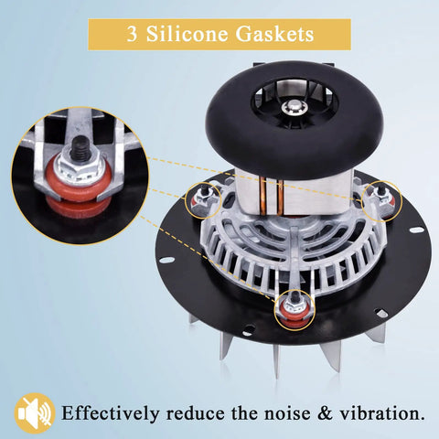 Exhaust Blower Motor Replacement 80602 with 3 silicone gaskets, shown in detail, fits Vogelzang VG5790 VG5770 Ashley pellet stoves.