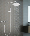 Wall Mounted Shower System 10 Inch Rainfall Shower with Handheld Spray featuring overhead rainfall and flexible hose placement.