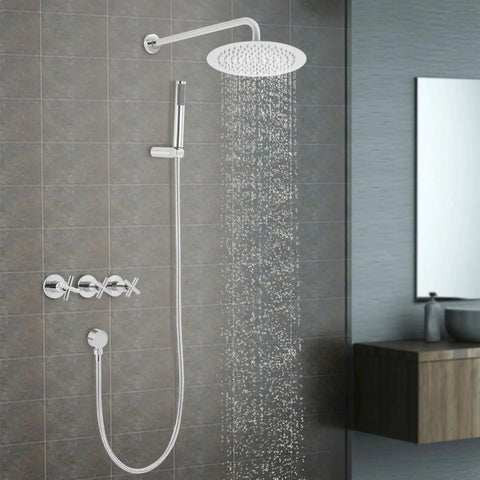 Wall Mounted Shower System 10 Inch Rainfall Shower with Handheld Spray featuring overhead rainfall and flexible hose placement.
