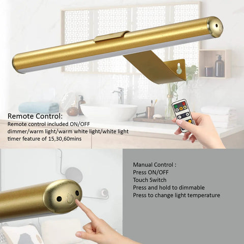 Wireless Picture Light Battery Powered And Rechargeable With Remote, Metal Art Display Lamp In Gold shown with remote in hand