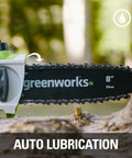 40V Polesaw and Hedge Trimmer Combo With 8-Inch Bar shown on tree branch with auto lubrication feature