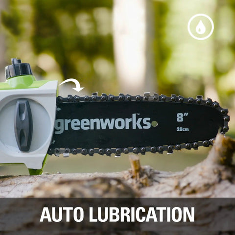 40V Polesaw and Hedge Trimmer Combo With 8-Inch Bar shown on tree branch with auto lubrication feature
