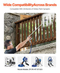 User operating Pro Move Airless Paint Spray Gun And Hose Kit Featuring 3600 PSI on wood fence, showcasing its compatibility.
