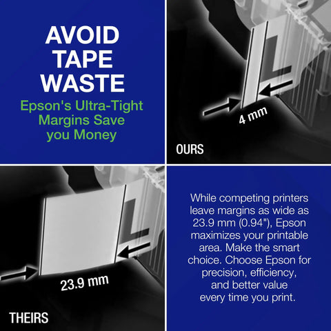 Image showing Epson's Ultra-Tight Margins of 4 mm compared to competitors' 23.9 mm, highlighting efficient labeling process.