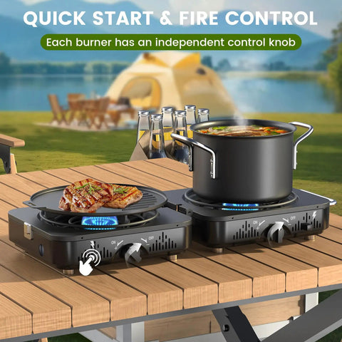2 Burner Propane Camping Stove With 20,000 BTU Total Heat, Foldable Portable Camp Stove With Piezo Ignition And Adjustable Burners