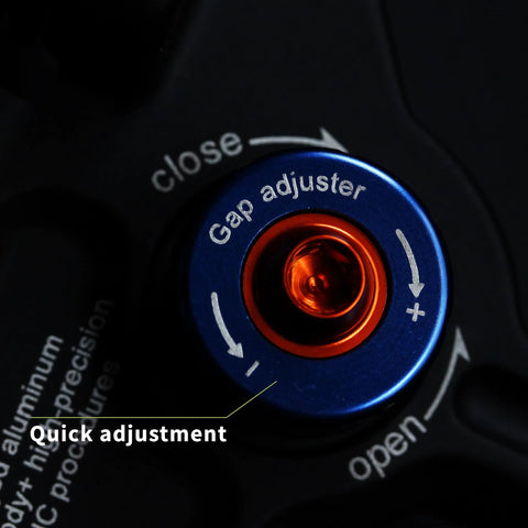 Juin F1-S disc brake caliper quick-adjust knob, blue anodized with orange center