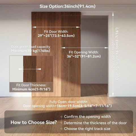Solid As A Rock Concealed Sliding Barn Door Hardware Kit With Smooth Soft Close Action, dimensions for 36 inch opening.