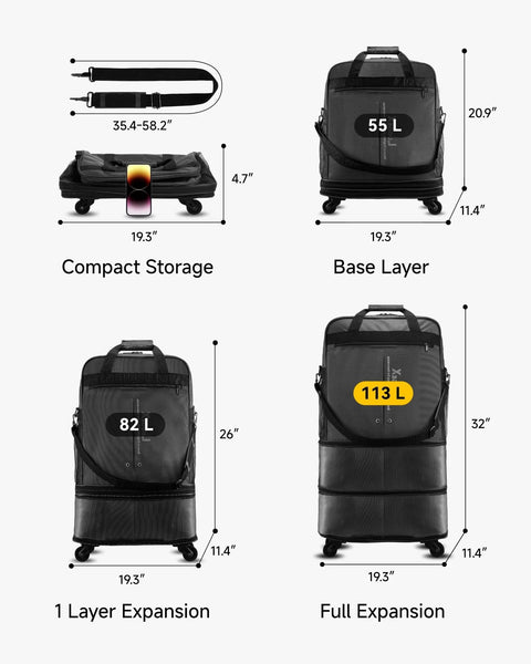 LUGGEX travel duffel bag on wheels, black, expandable from 55 L to 113 L, shown in compact to full expansion.