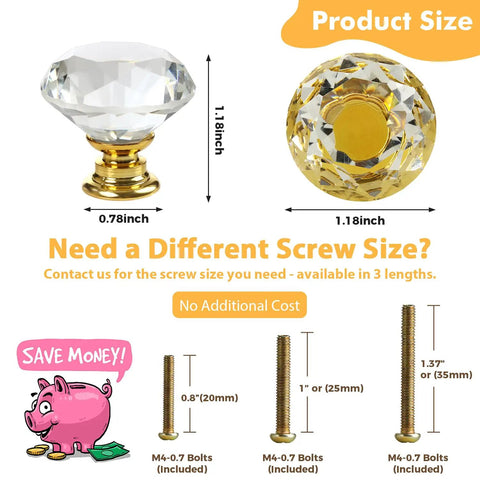 Crystal Cabinet Knobs 30mm Diamond Drawer Pulls Set Of 26 With Gold Base 1-1/4 Inch Diameter 3/4 Inch Base Screws Included