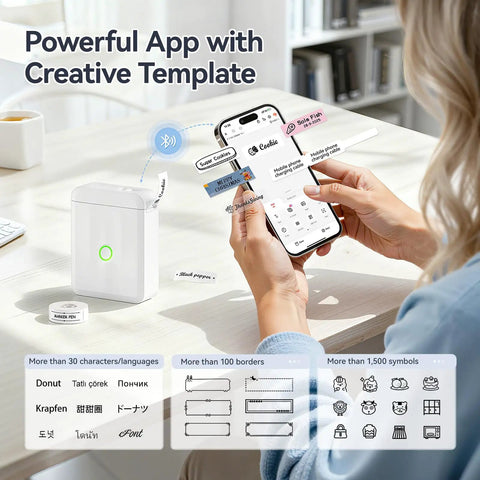 Woman using D110 Upgraded Mini Label Maker with Tape, Pocket Size Bluetooth Thermal Printer for Office, Home, Kitchen and School.