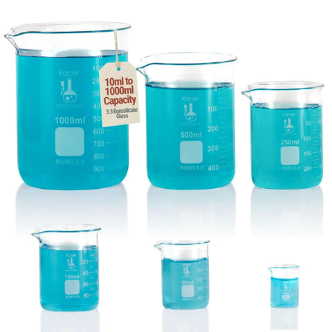 Griffin Low Form 3.3 Borosilicate Glass Beaker Set With Six Sizes From 10 Milliliters To 1000 Milliliters, Type I Class A Lab Beakers