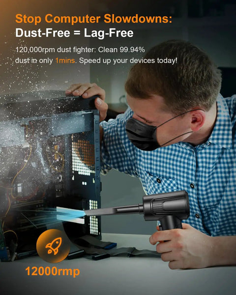Man using 11 In 1 Compressed Air Duster With 120000 RPM Adjustable 3 Gear Settings And LED Light Reusable Keyboard Cleaner on computer