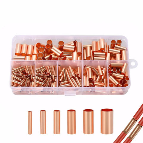 250 Pcs Wire Terminal Connectors Kit With 7 Sizes Electrical Butt Connectors Copper Tube Connectors Heat Shrink Tubing And Wire Ferrules For DIY Auto Home Marine Projects, showing copper connectors in a plastic case.