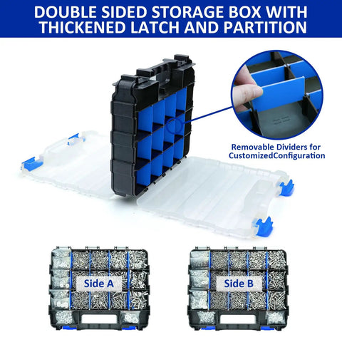 Built Tough Stainless Steel 304 Bolt Nut And Washer Assortment Kit 1575 Pieces with double sided storage box.