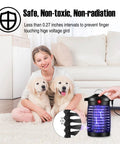 Woman sitting with two dogs beside an Outdoor Bug Zapper With Smart App Remote Hands Free And Voice Control Mosquito Zapper You Can Control From Your Phone Compatible With Alexa And Google Home 2.4GHz WiFi With BuiltIn Timer Indoor Outdoor Pest Killer For Summer Nights