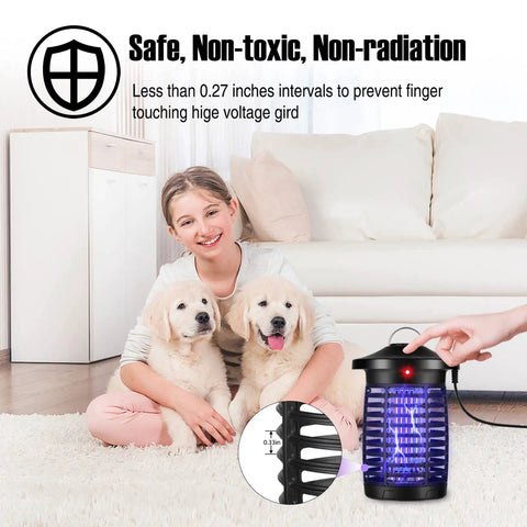 Woman sitting with two dogs beside an Outdoor Bug Zapper With Smart App Remote Hands Free And Voice Control Mosquito Zapper You Can Control From Your Phone Compatible With Alexa And Google Home 2.4GHz WiFi With BuiltIn Timer Indoor Outdoor Pest Killer For Summer Nights
