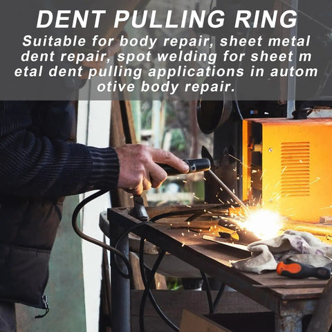 Dent Pulling Rings Kit For Auto Body Repair in use with spot welder, showing metal shrinking tool application