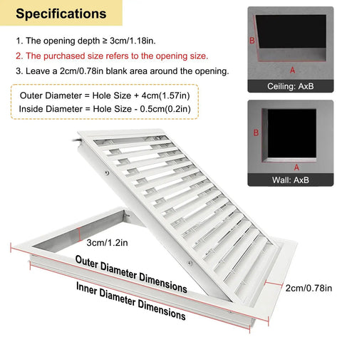 Aluminum Louvered Access Panel For Drywall Ceiling And Wall Vent Grille With No Sweat Quick Setup and dimensions displayed.