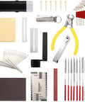 44 Piece Guitar Repair Tool Kit With Stainless Steel Setup Tools including pliers, hex wrench, ruler, grinding sponge.